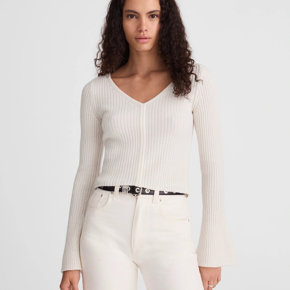 Madewell Ribbed V-Neck Sweater Top 100% Merino Wool in Ivory size XXS